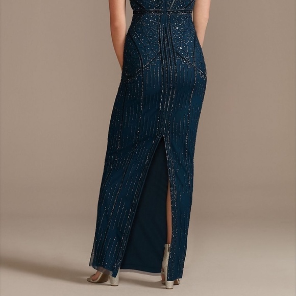 GALINA SIGNATURE Navy Beaded V-Neck Spaghetti Strap Mesh Sheath Dress Size 2. - Picture 5 of 5